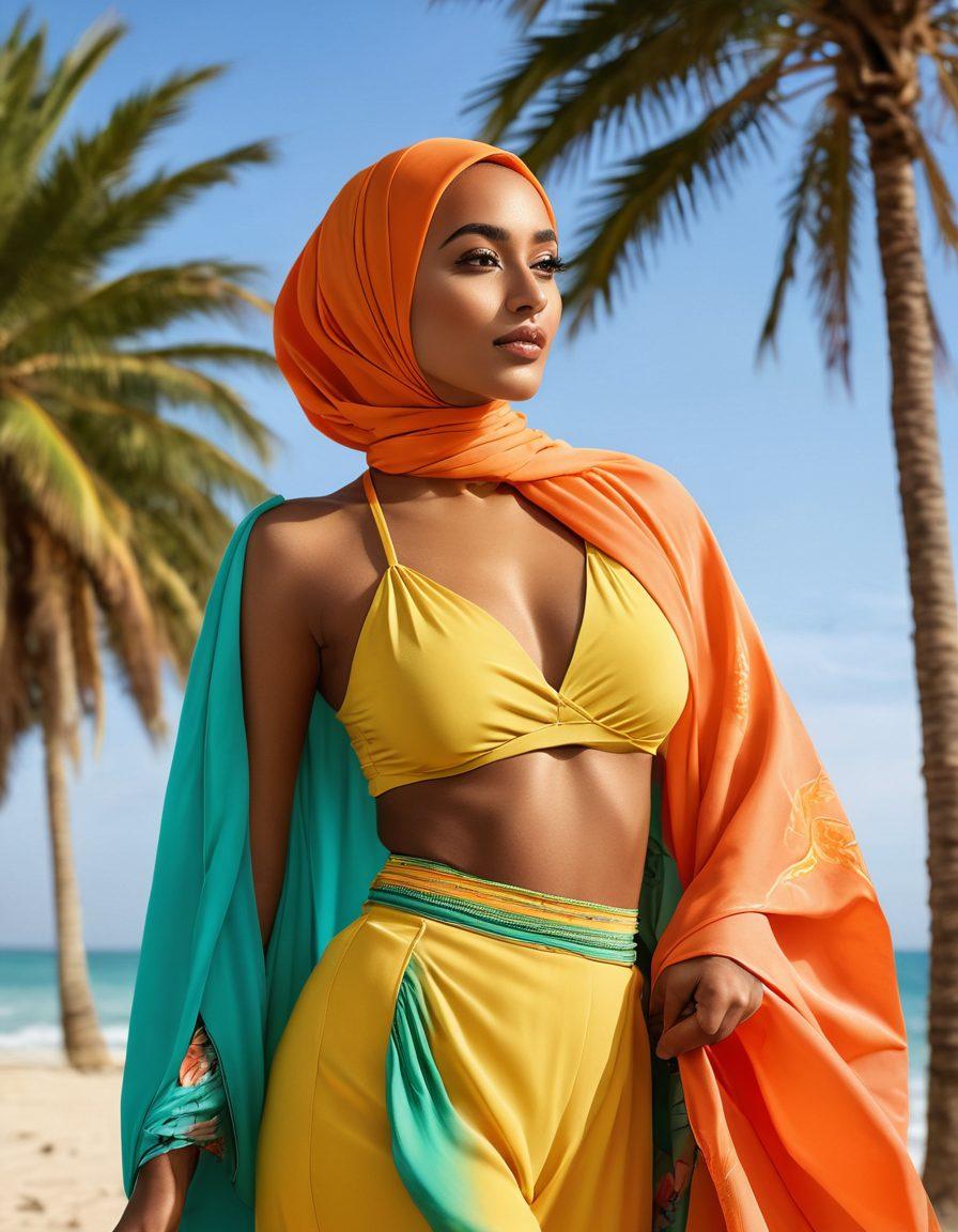 A stylish hijabi woman on a beach, wearing a chic and modest bikini that elegantly combines modern fashion trends with cultural respect. The scene captures vibrant beach colors, showcasing soft waves and bright sun, while the woman is confidently posing with a backdrop of palm trees and colorful beach umbrellas. Include lightweight, flowing fabrics and trendy accessories to highlight the fusion of modesty and style. super-realistic. vibrant colors. warm sunlight.